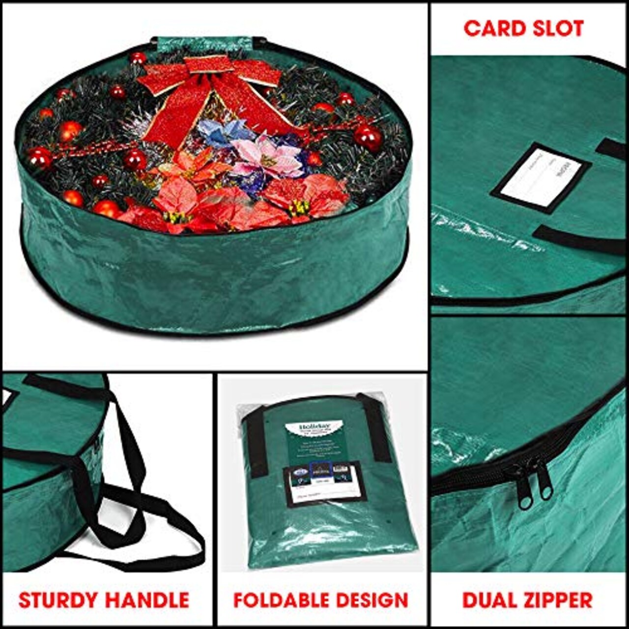 Christmas Wreath Storage Bag 24" - Garland Holiday Container with Tear Resistant Material - Featuring Heavy Duty Handles and Transparent Card Slot - (Green)